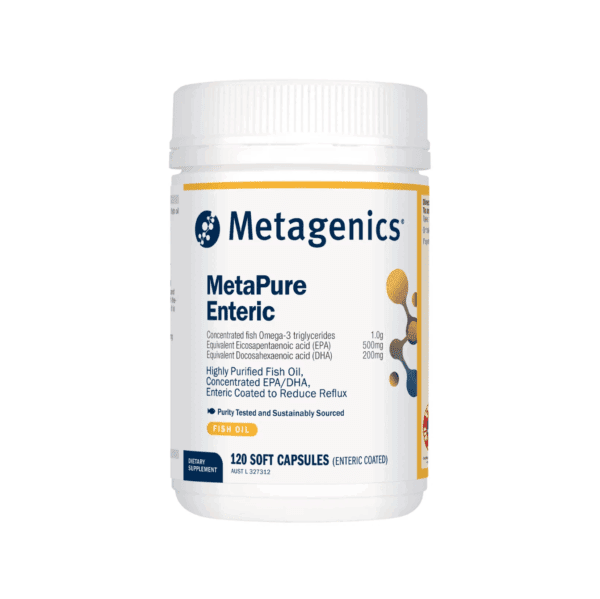 A white bottle labeled "MetaPure Enteric 120 Capsules" contains 120 enteric capsules. The label features blue and gold accents, highlights fish oil content, enteric coating, sustainability claims, and is also known as MetaPure 120 Capsules.